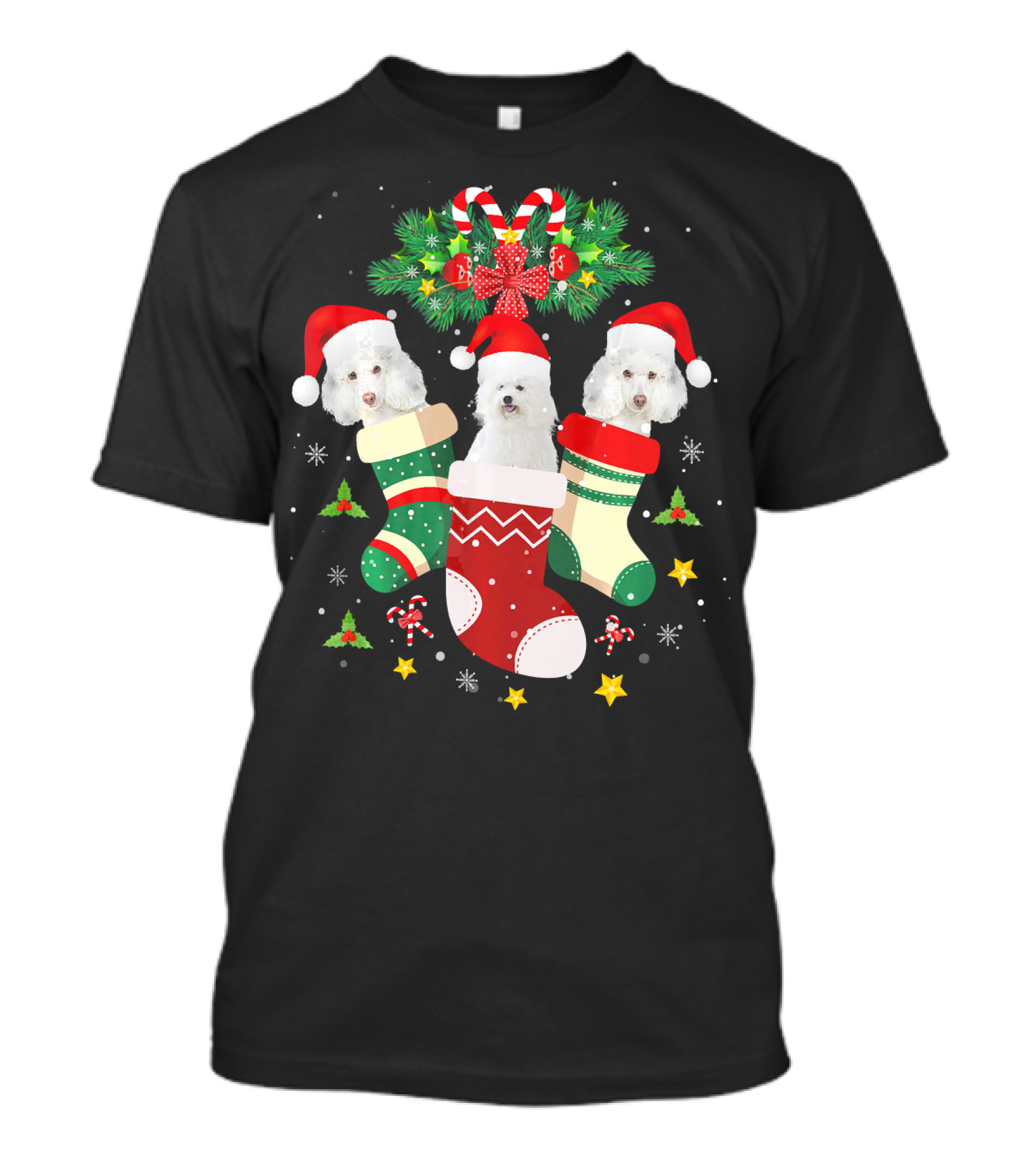 Christmas Bichon Frise Dogs In Holiday Stockings With Santa Hats And Candy Canes T-Shirt