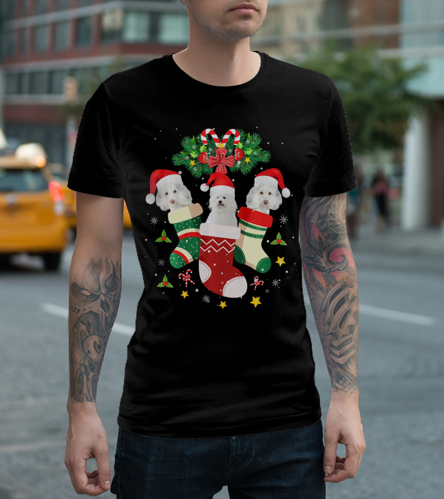 Christmas Bichon Frise Dogs In Holiday Stockings With Santa Hats And Candy Canes T-Shirt