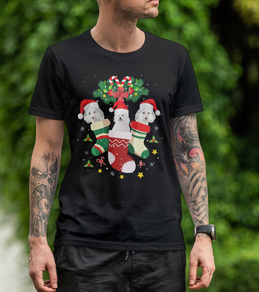 Christmas Bichon Frise Dogs In Holiday Stockings With Santa Hats And Candy Canes T-Shirt