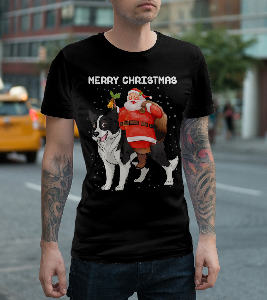 Merry Christmas Funny Santa Riding Border Collie Dog T-Shirt