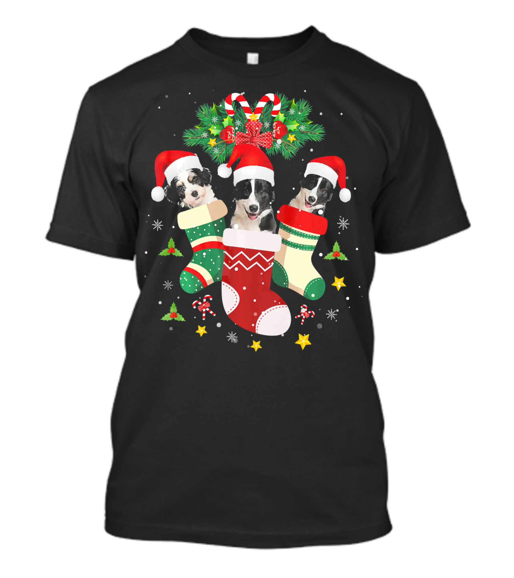 Christmas Border Collie Dogs In Santa Hats And Holiday Stockings T-Shirt