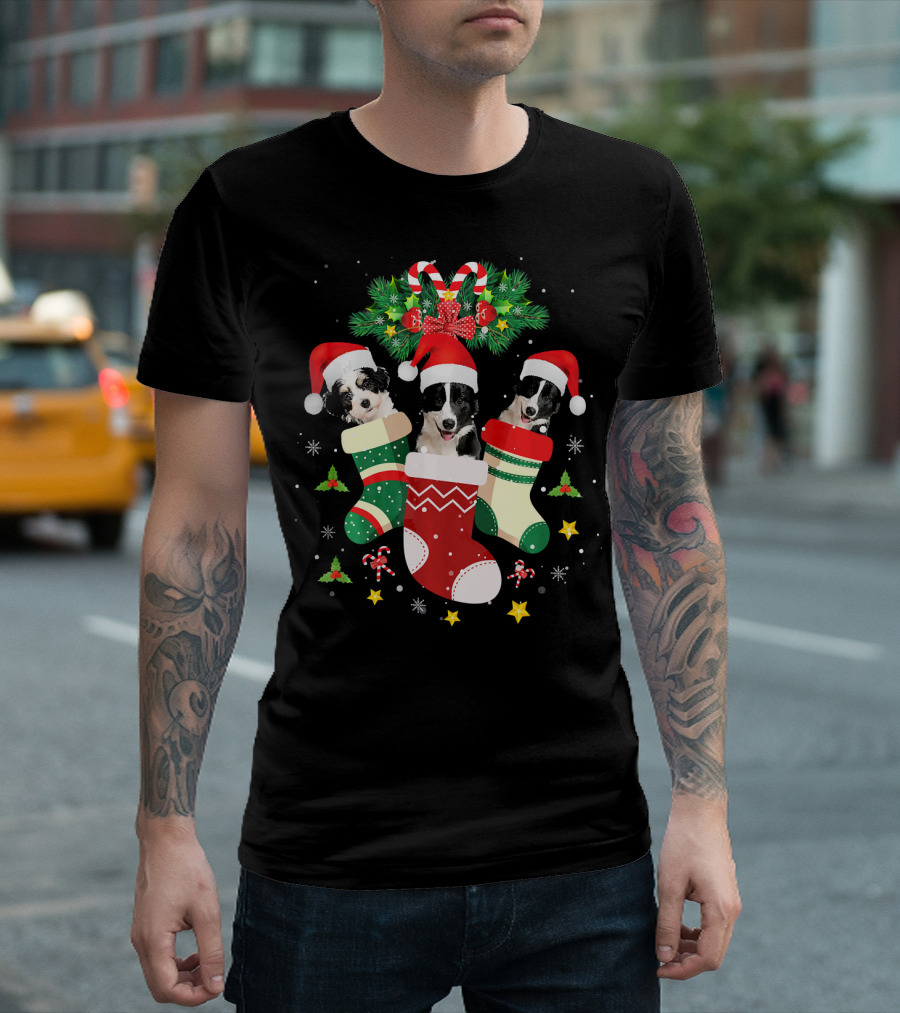 Christmas Border Collie Dogs In Santa Hats And Holiday Stockings T-Shirt