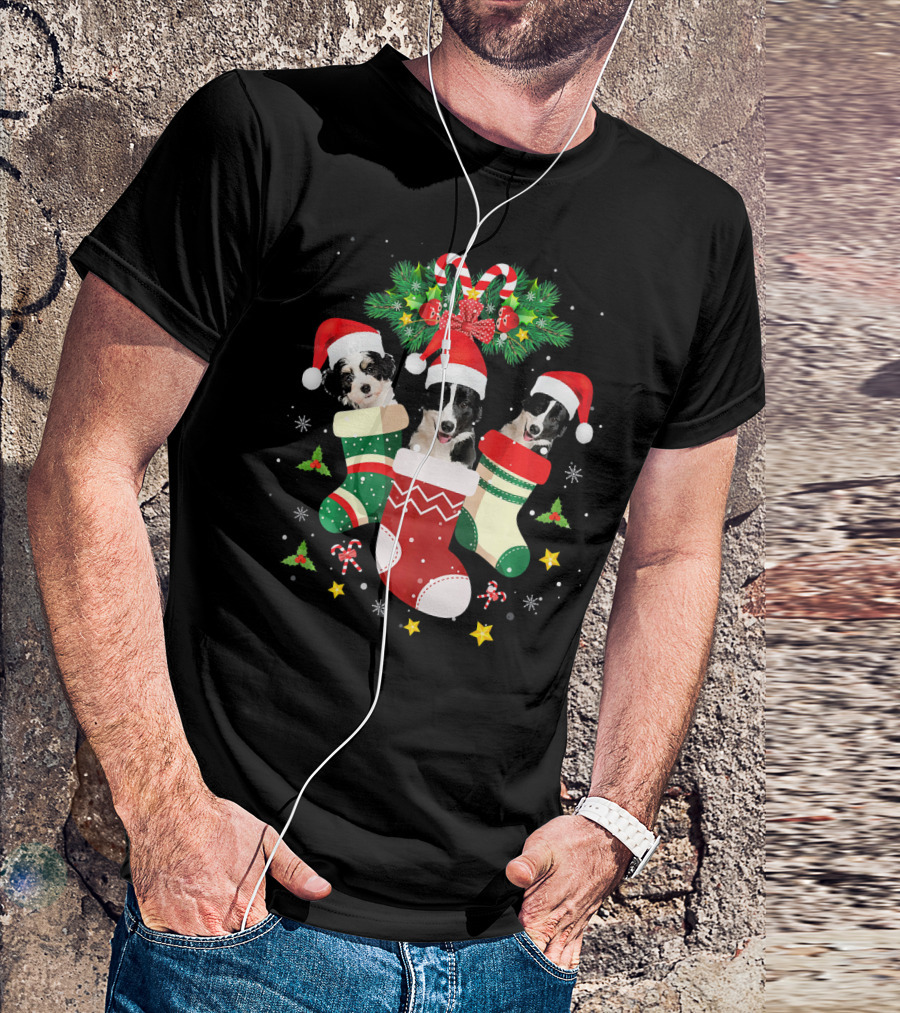 Christmas Border Collie Dogs In Santa Hats And Holiday Stockings T-Shirt