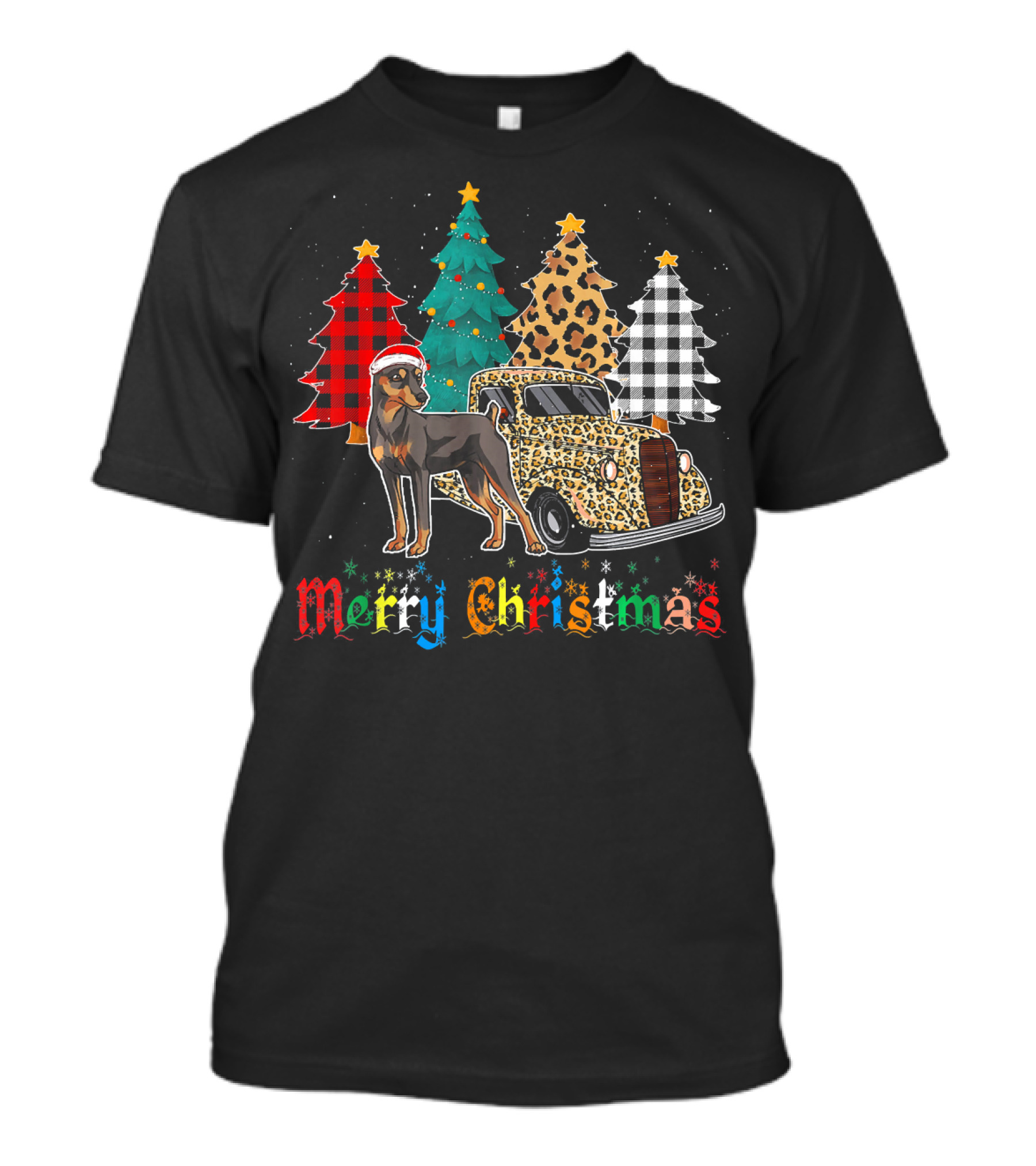 Merry Christmas Miniature Pinscher Leopard Plaid Truck T-Shirt