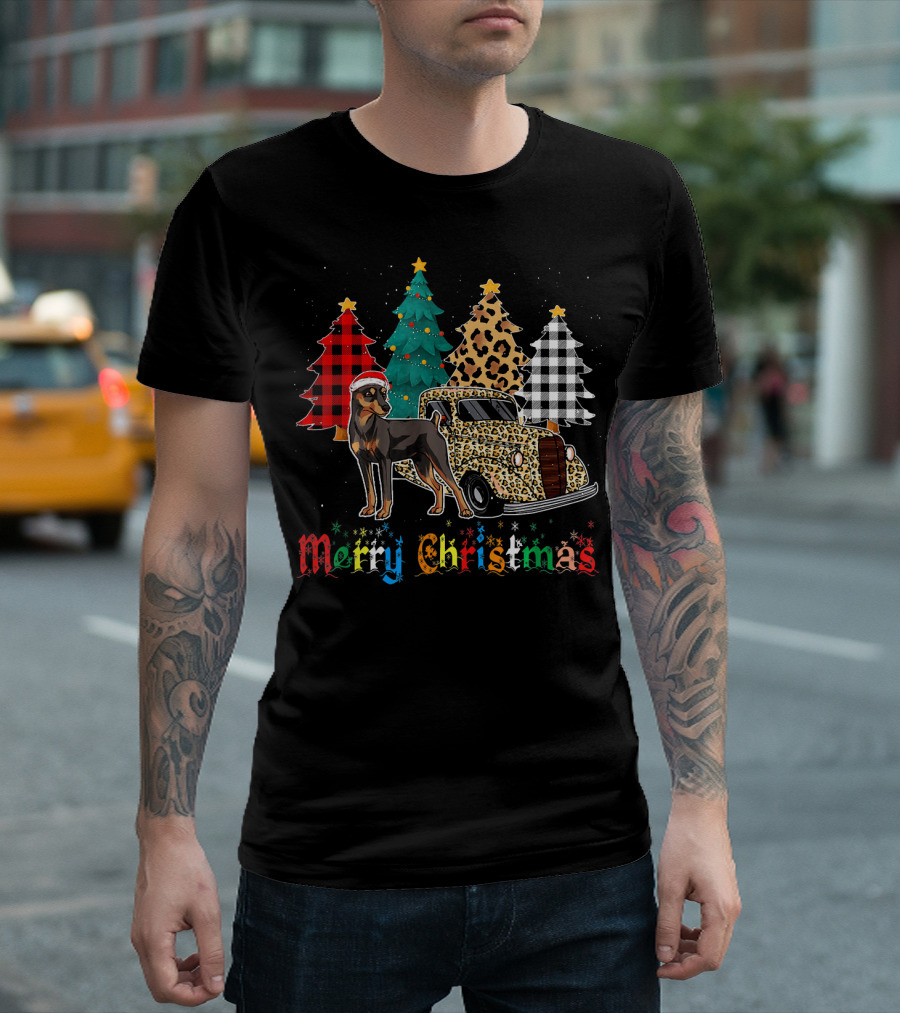 Merry Christmas Miniature Pinscher Leopard Plaid Truck T-Shirt