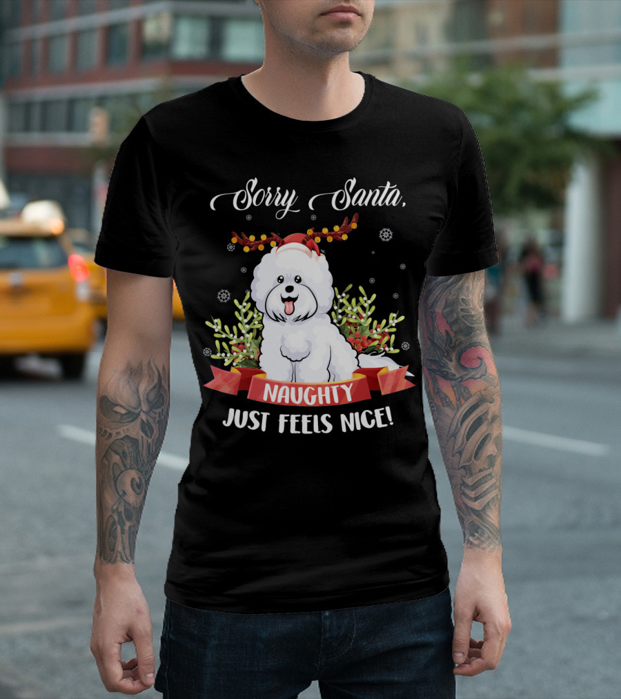 Sorry Santa Naughty Just Feels Nice Christmas Dog with Antlers and Snowflakes T-Shirt