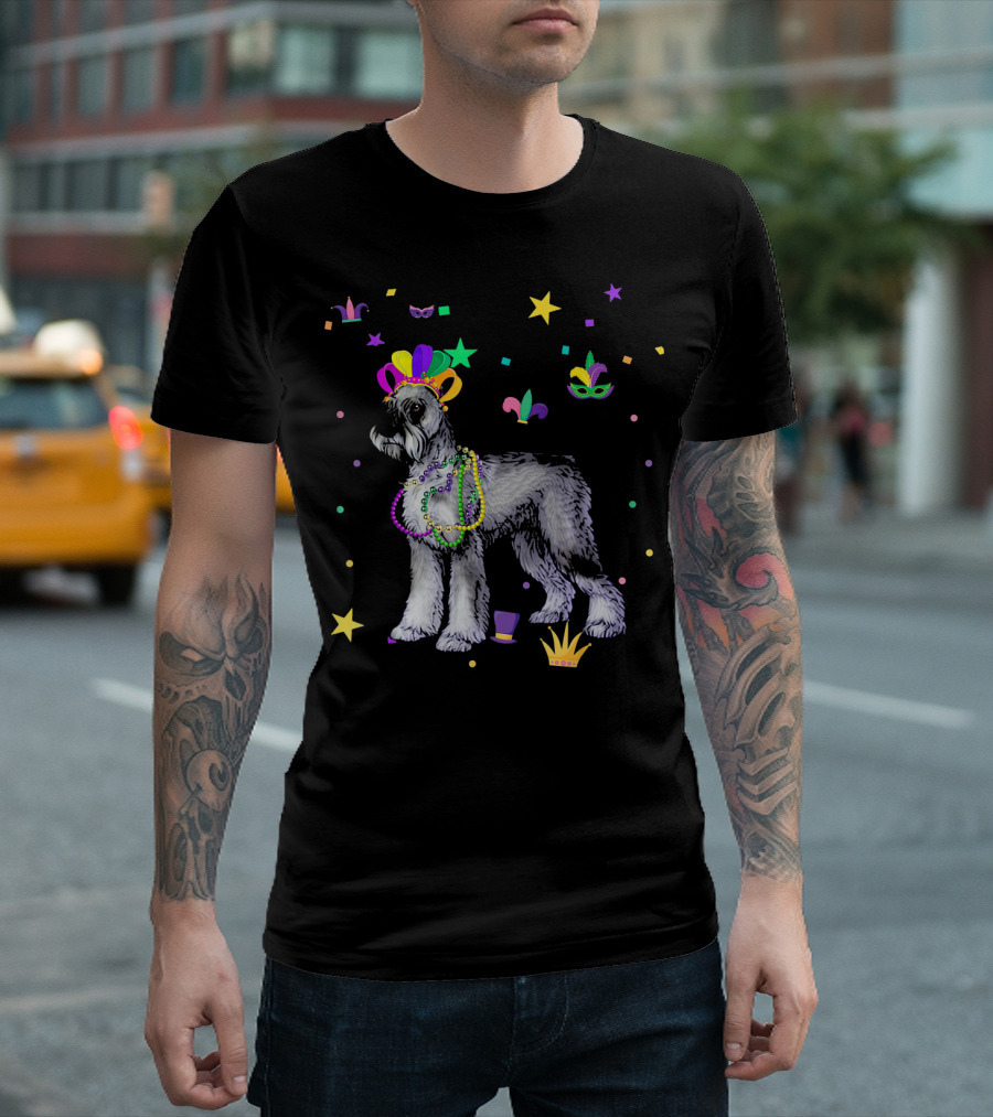 Giant Schnauzer Dog with Mardi Gras Beads and Festive Party Icons T-Shirt