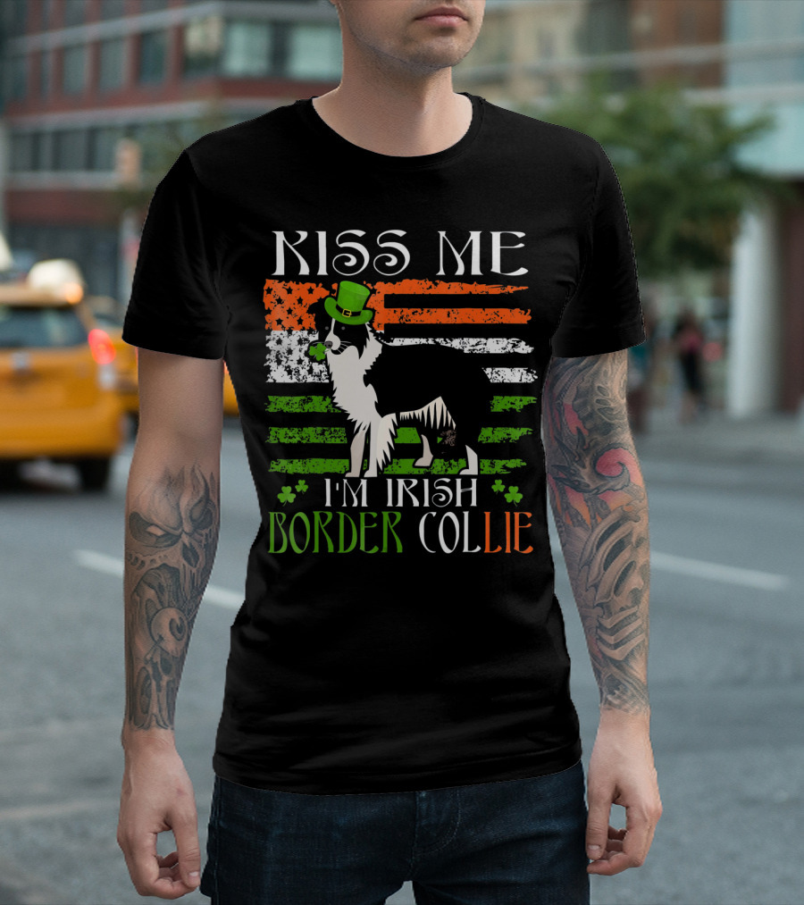 Kiss Me I'm Irish Border Collie St Patrick's Day Shamrock Hat Flag T-Shirt
