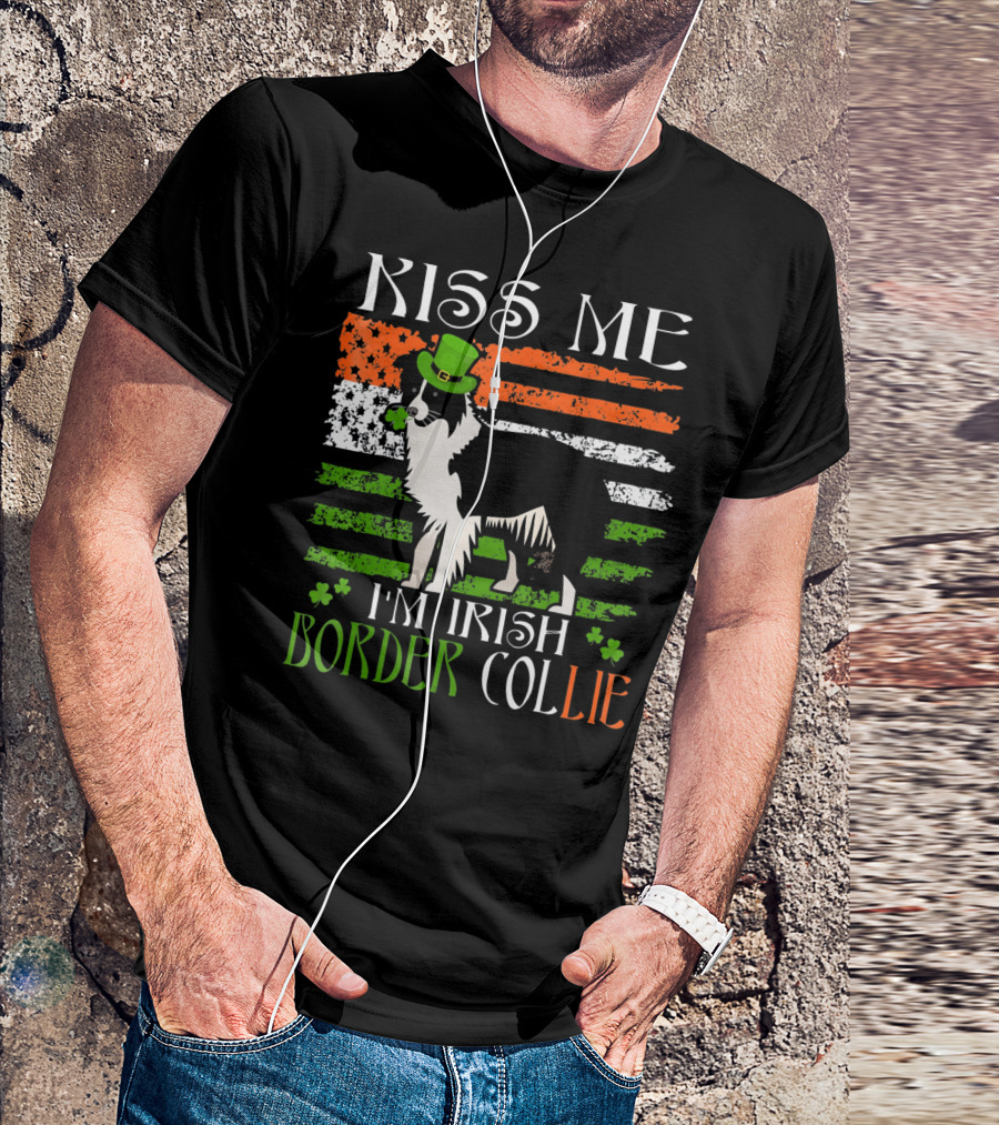 Kiss Me I'm Irish Border Collie St Patrick's Day Shamrock Hat Flag T-Shirt