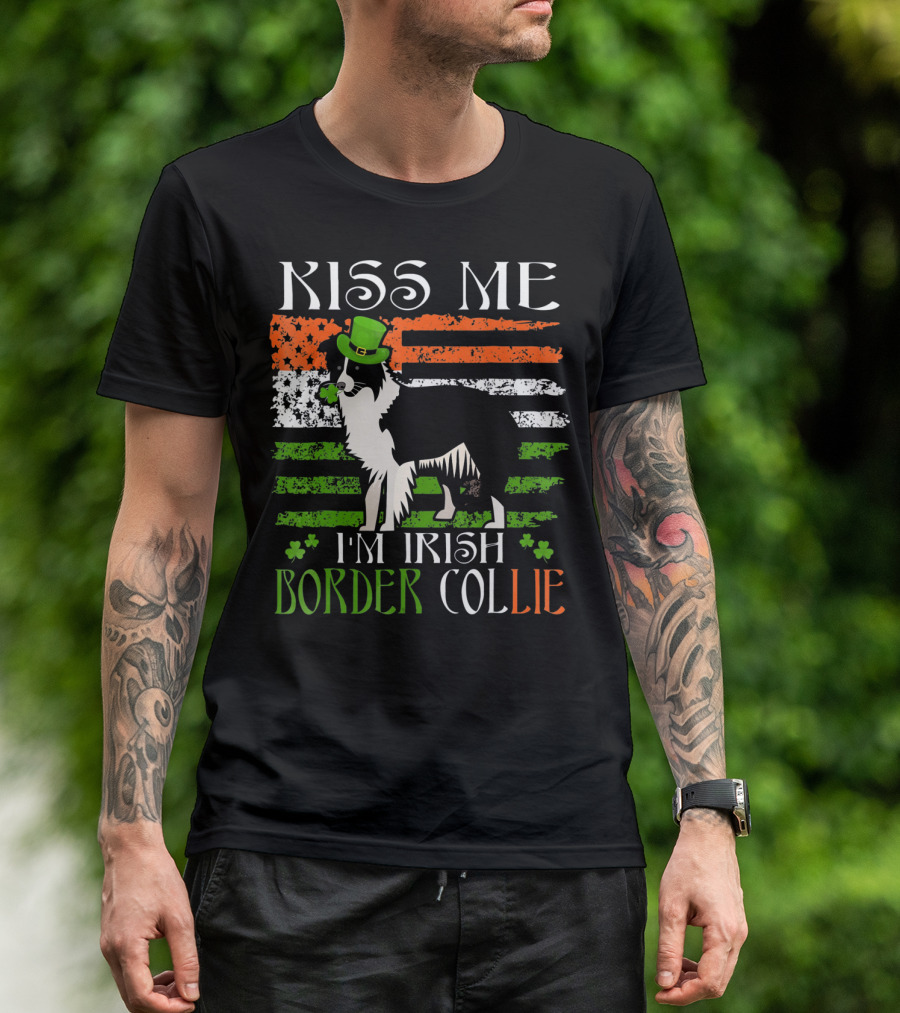 Kiss Me I'm Irish Border Collie St Patrick's Day Shamrock Hat Flag T-Shirt