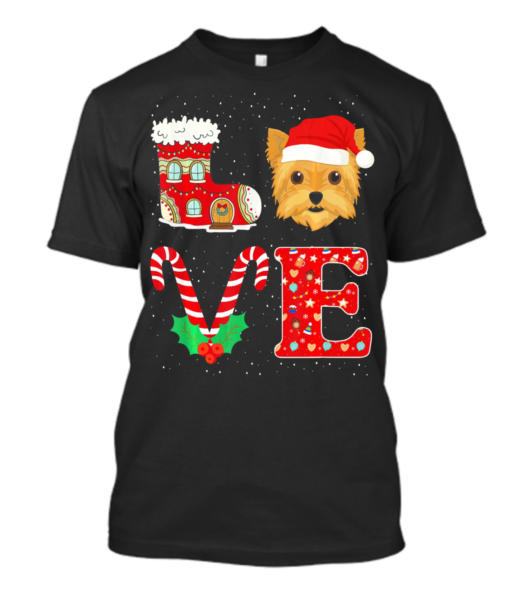 I Love Yorkie Christmas Santa Hat Candy Cane Boot Fun T-Shirt