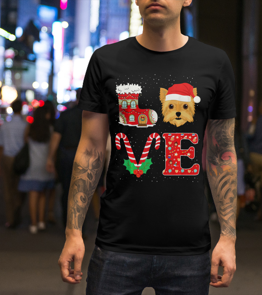 I Love Yorkie Christmas Santa Hat Candy Cane Boot Fun T-Shirt