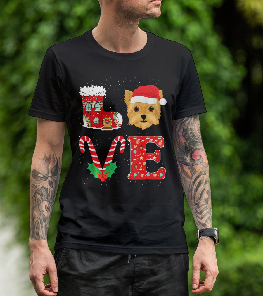 I Love Yorkie Christmas Santa Hat Candy Cane Boot Fun T-Shirt