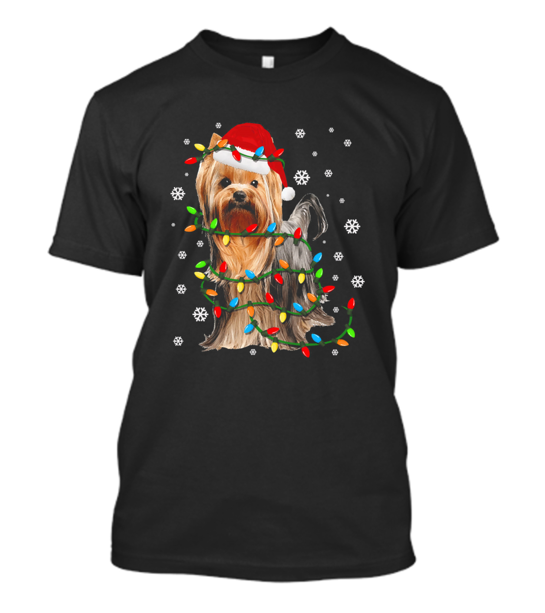 Yorkie Christmas Lights Santa Hat Snowflakes T-Shirt