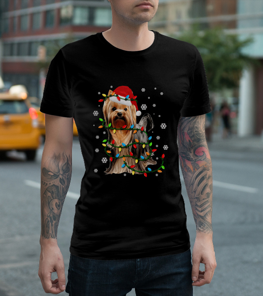 Yorkie Christmas Lights Santa Hat Snowflakes T-Shirt
