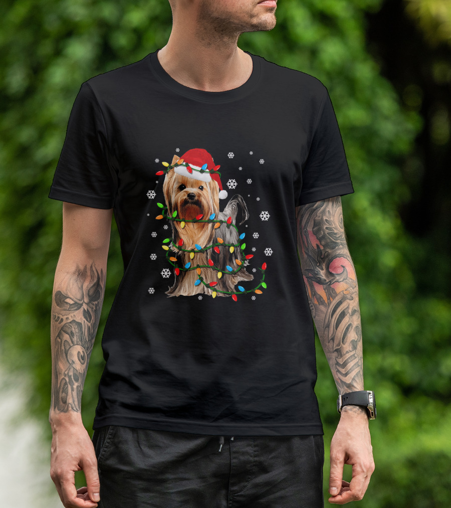 Yorkie Christmas Lights Santa Hat Snowflakes T-Shirt