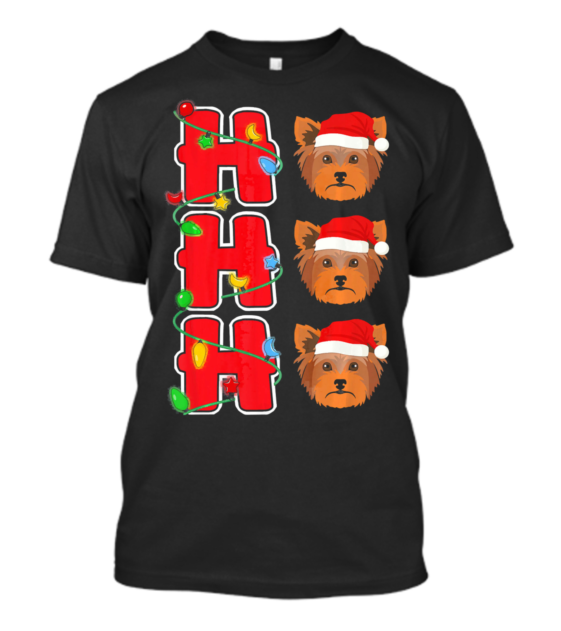 Ho Ho Ho Santa Yorkshire Terrier Christmas Lights T-Shirt