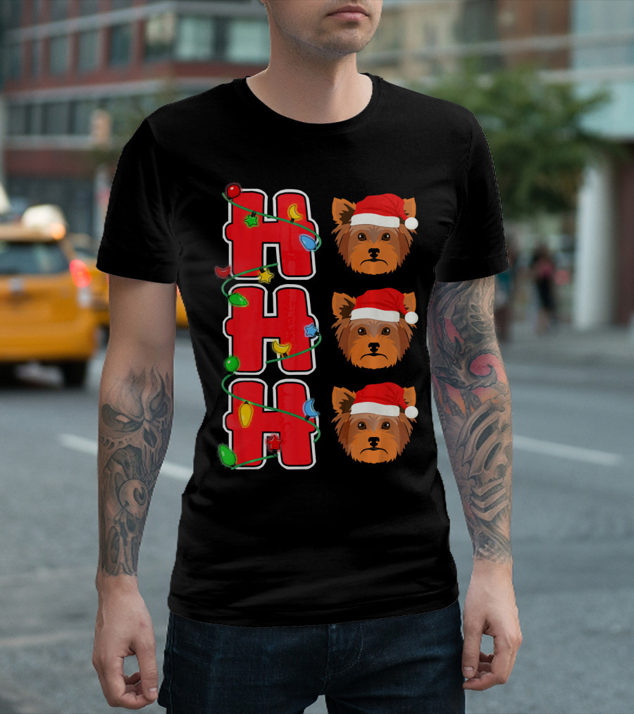 Ho Ho Ho Santa Yorkshire Terrier Christmas Lights T-Shirt