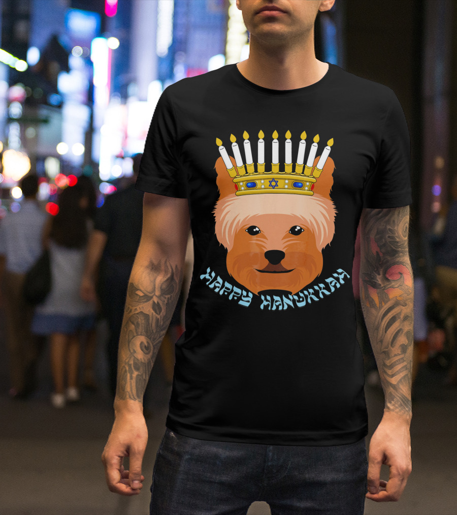Happy Hanukkah Yorkshire Terrier With Menorah Crown T-Shirt