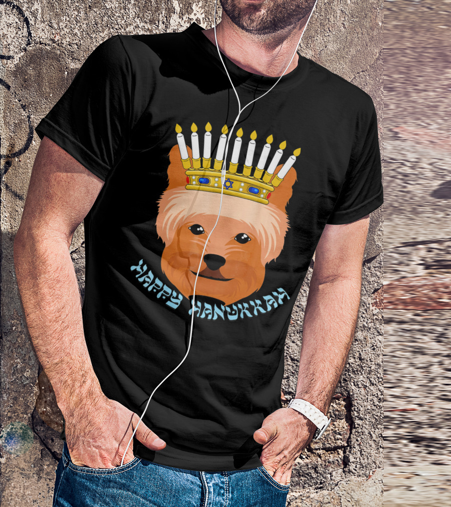 Happy Hanukkah Yorkshire Terrier With Menorah Crown T-Shirt
