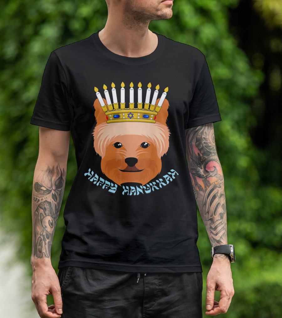 Happy Hanukkah Yorkshire Terrier With Menorah Crown T-Shirt