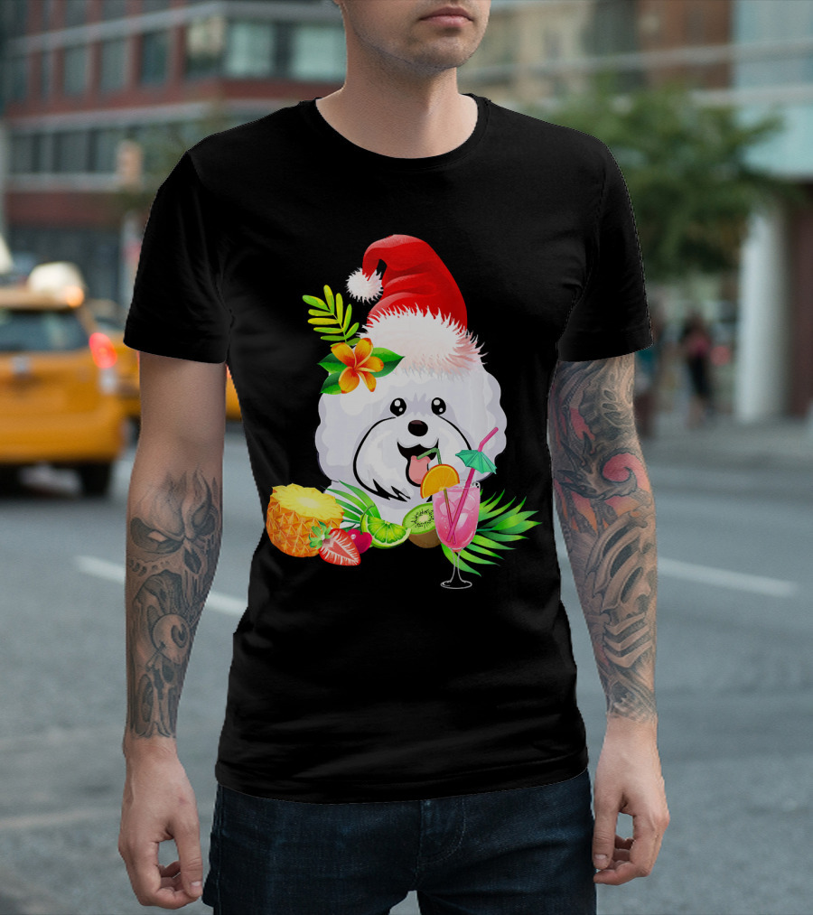 Christmas Bichon Frise with Santa Hat and Tropical Fruits T-Shirt