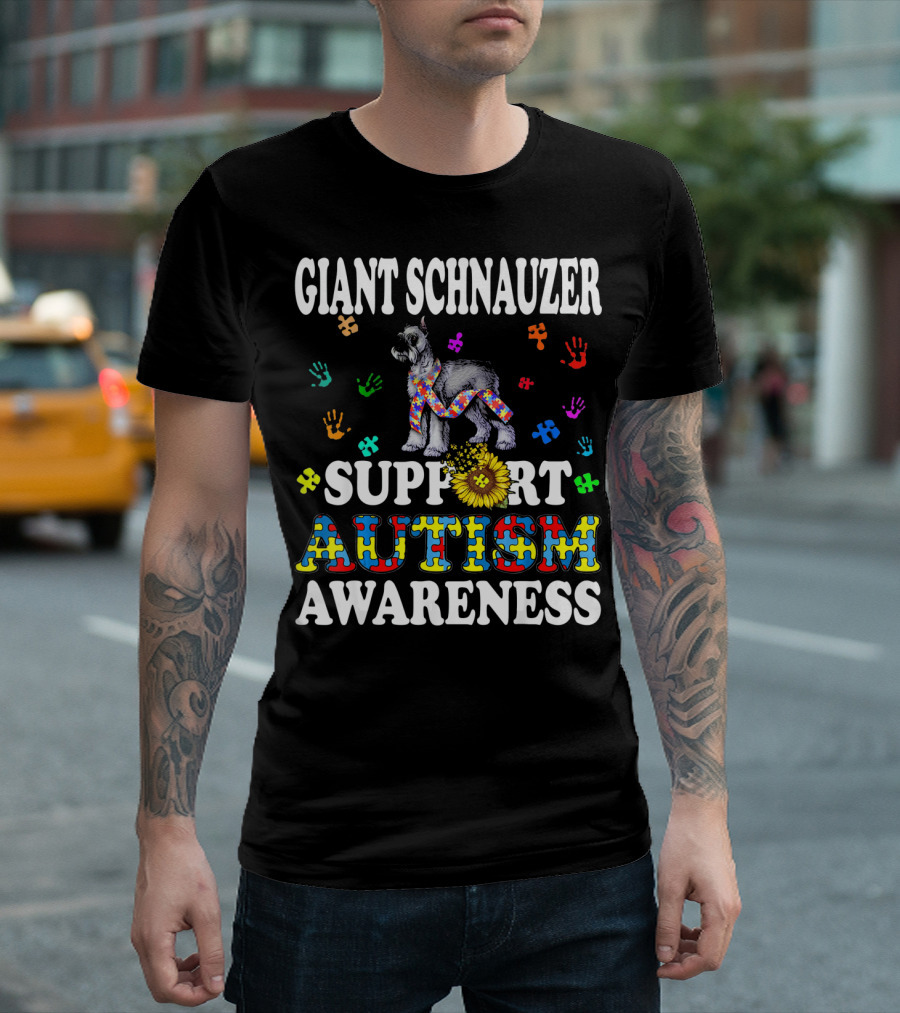 Giant Schnauzer Support Autism Awareness Puzzle Pieces and Hearts T-Shirt