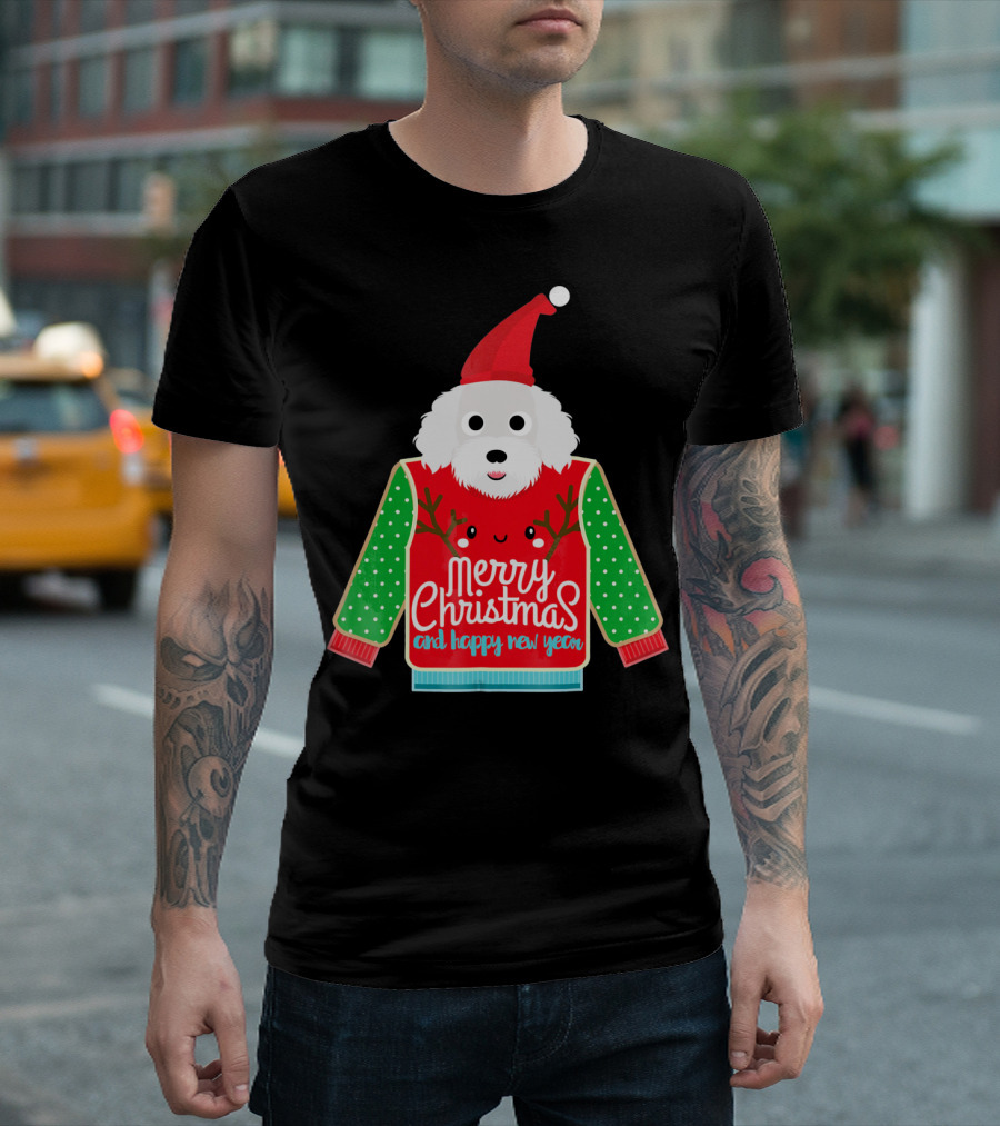Merry Christmas and Happy New Year Funny Bichon Frise Santa Hat Holiday T-Shirt