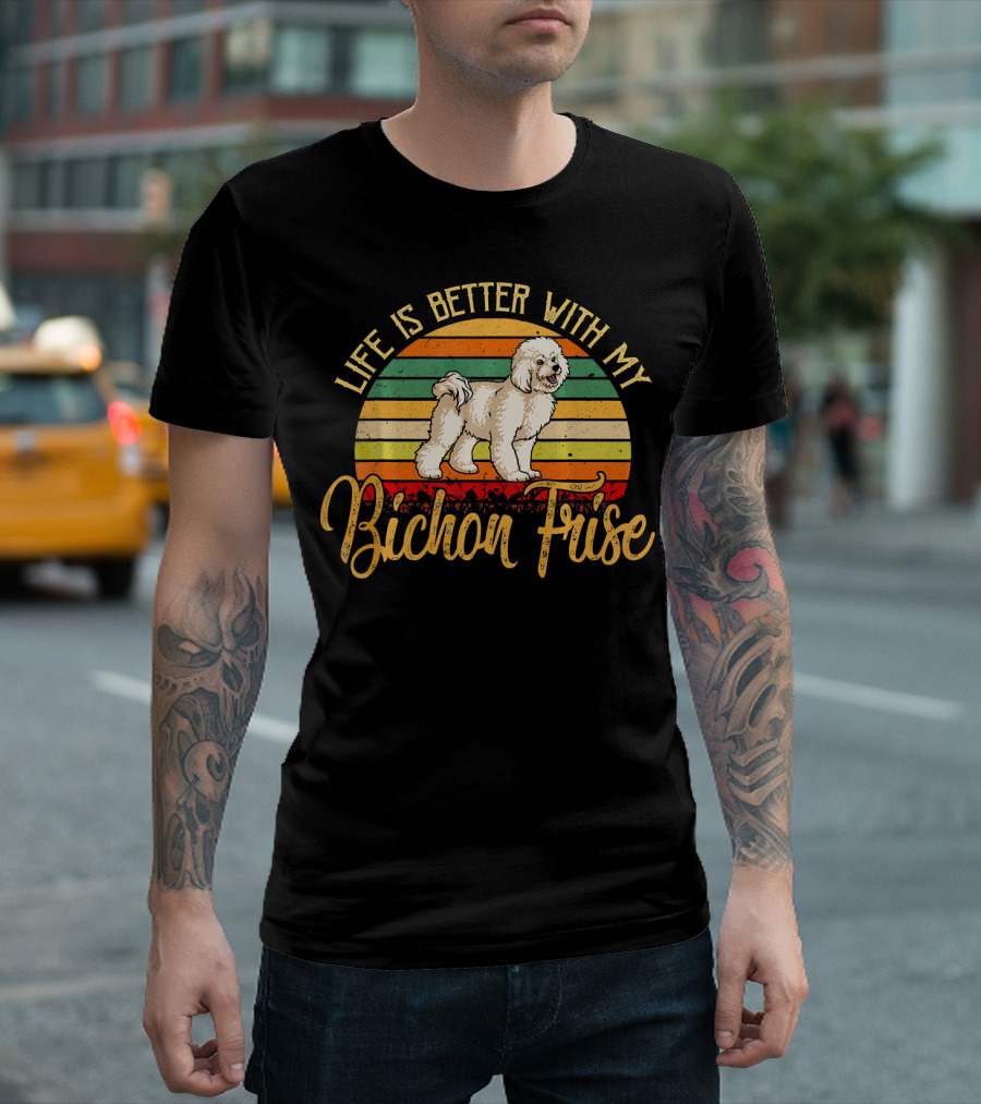 Life Is Better With My Bichon Frise Vintage Sunset Stripes T-Shirt