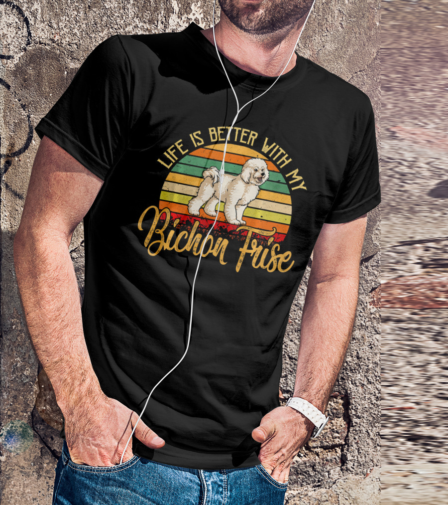 Life Is Better With My Bichon Frise Vintage Sunset Stripes T-Shirt