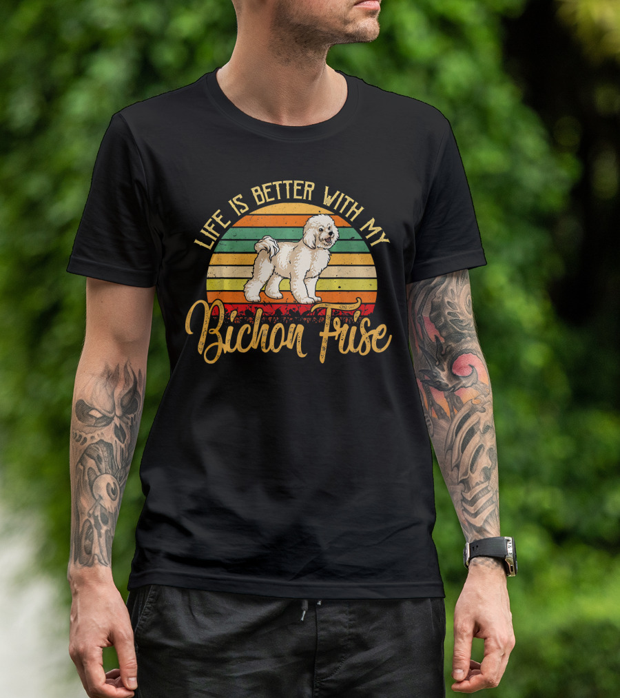 Life Is Better With My Bichon Frise Vintage Sunset Stripes T-Shirt