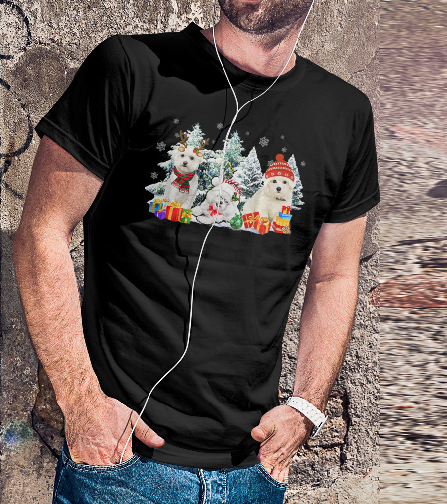 Three Bichon Frise Dogs Christmas Reindeer Snowflakes Presents Trees T-Shirt