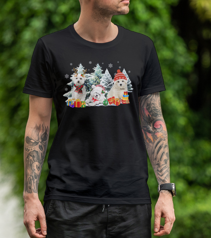 Three Bichon Frise Dogs Christmas Reindeer Snowflakes Presents Trees T-Shirt