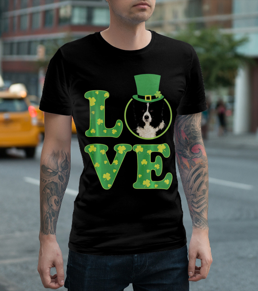Love Border Collie St Patricks Day Clover Hat Dog T-Shirt