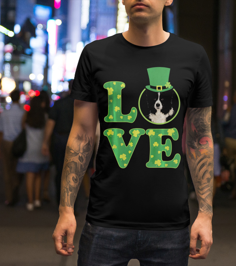 Love Border Collie St Patricks Day Clover Hat Dog T-Shirt