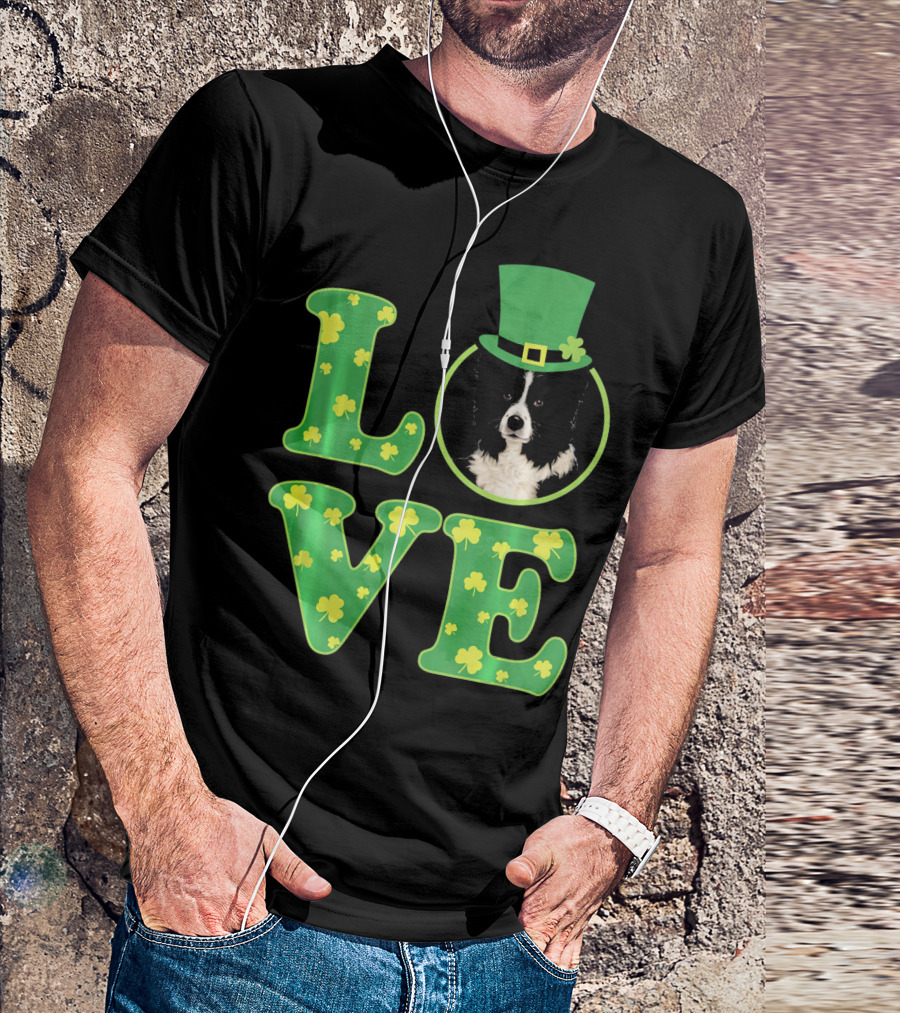 Love Border Collie St Patricks Day Clover Hat Dog T-Shirt