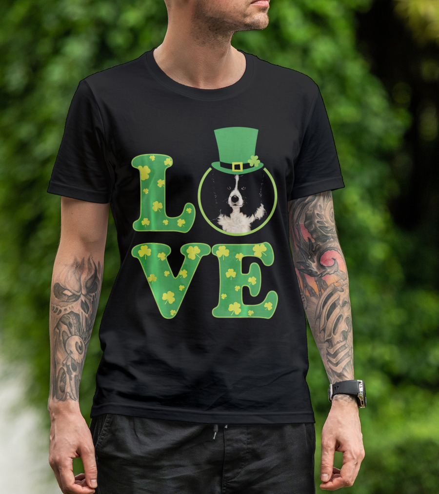 Love Border Collie St Patricks Day Clover Hat Dog T-Shirt