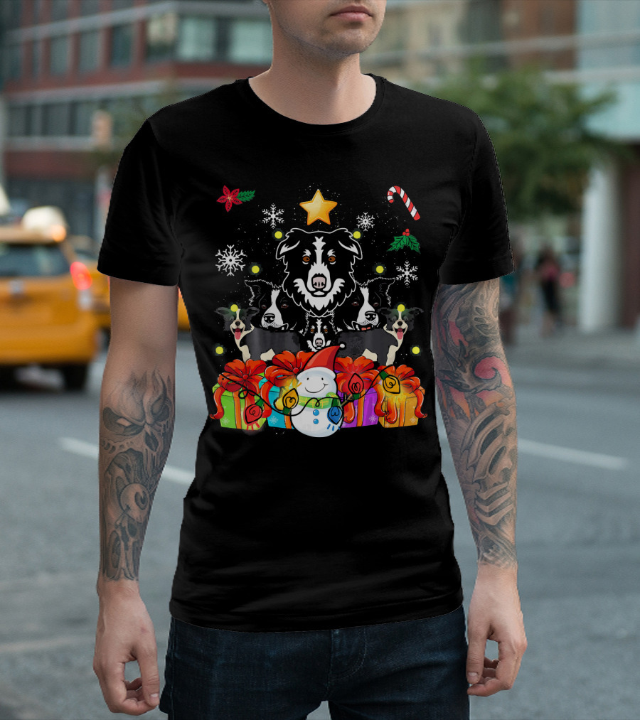 Border Collie Christmas Tree Funny Presents Snowman Candy Cane Star T-Shirt