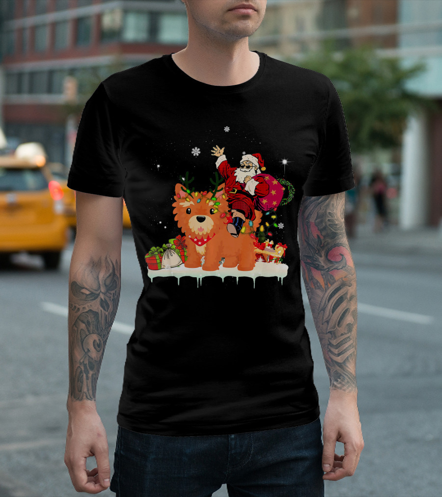 Santa Claus Riding Yorkie Festive Christmas Wonderland T-Shirt
