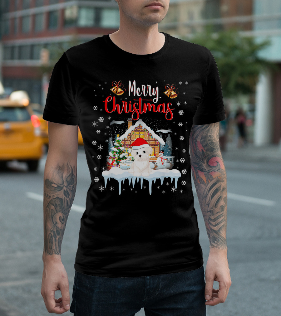Merry Christmas Funny Bichon Frise Santa Hat Snowflakes Holiday Scene T-Shirt