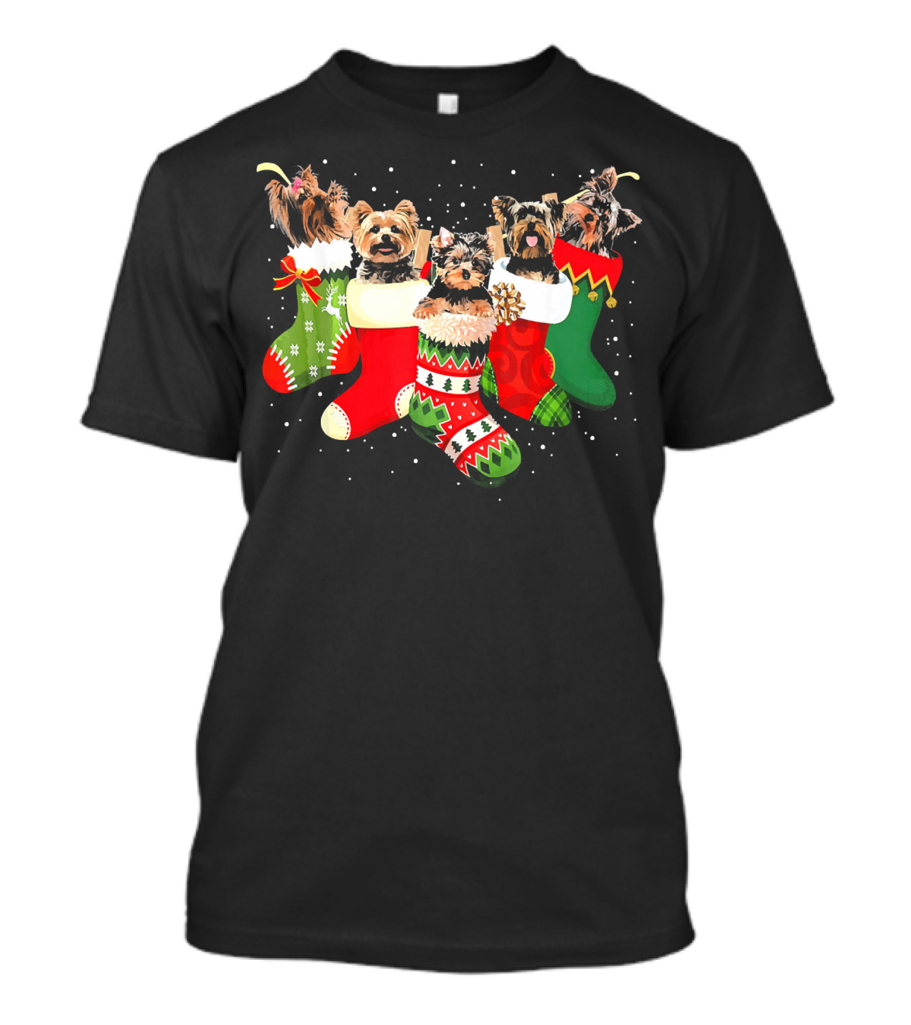 Yorkie Dogs In Christmas Stockings Funny Holiday York T-Shirt