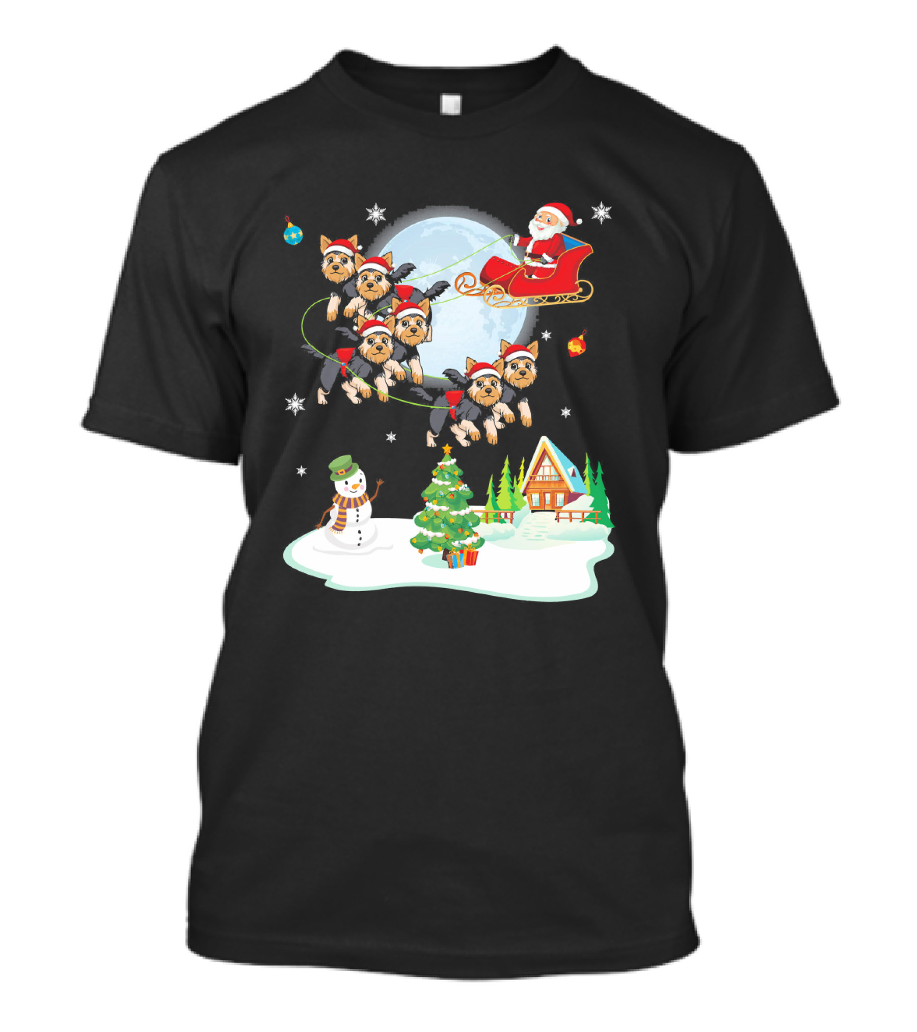 Santa Claus Sleigh Yorkie Dogs Snowman Winter Wonderland T-Shirt