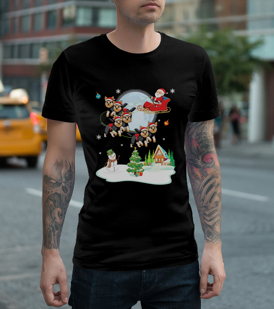 Santa Claus Sleigh Yorkie Dogs Snowman Winter Wonderland T-Shirt