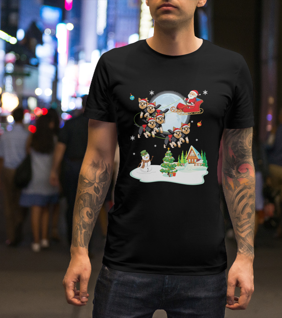 Santa Claus Sleigh Yorkie Dogs Snowman Winter Wonderland T-Shirt