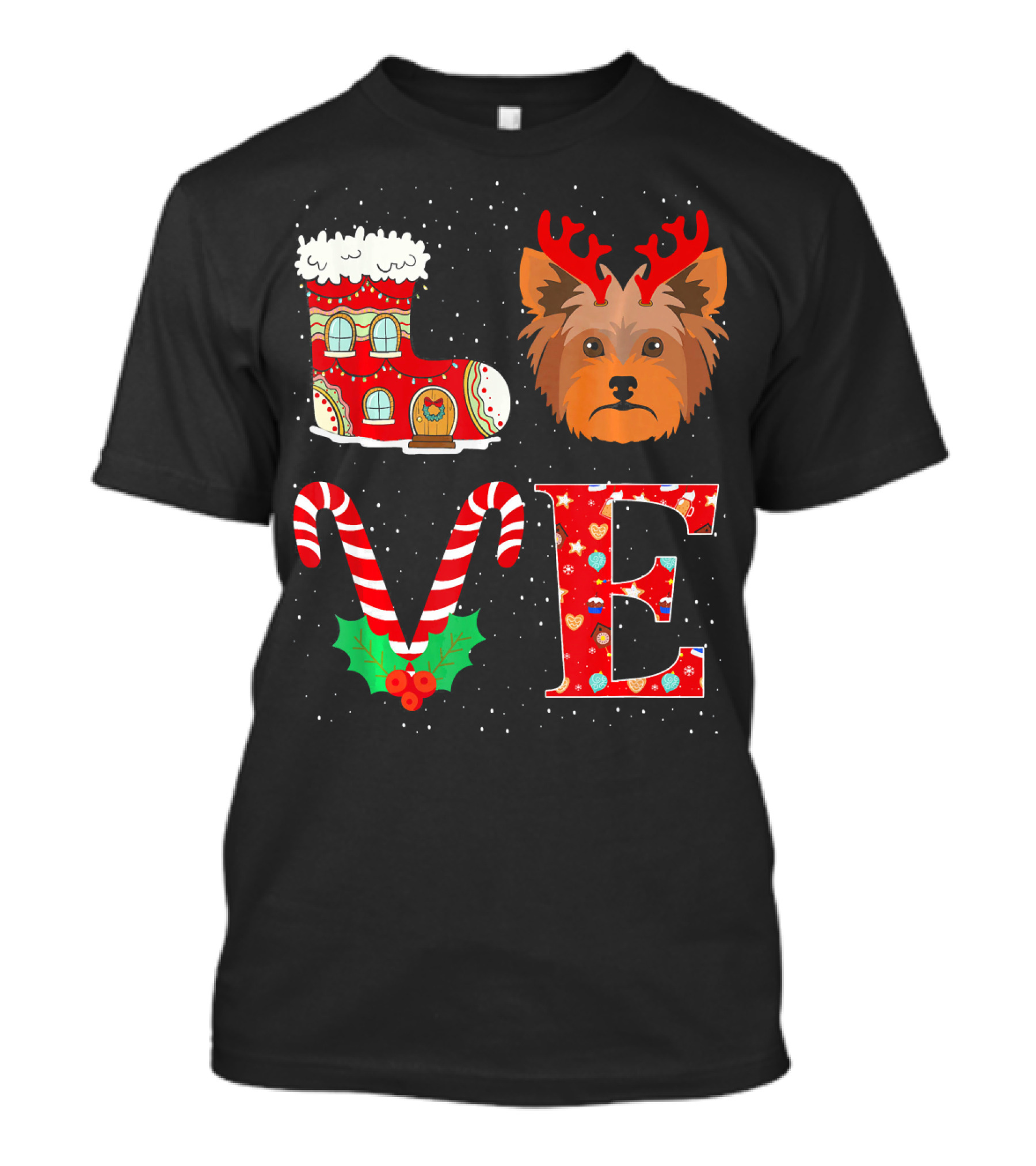 I Love My Yorkshire Terrier Reindeer Holiday Christmas Boot Candy Cane Holly T-Shirt
