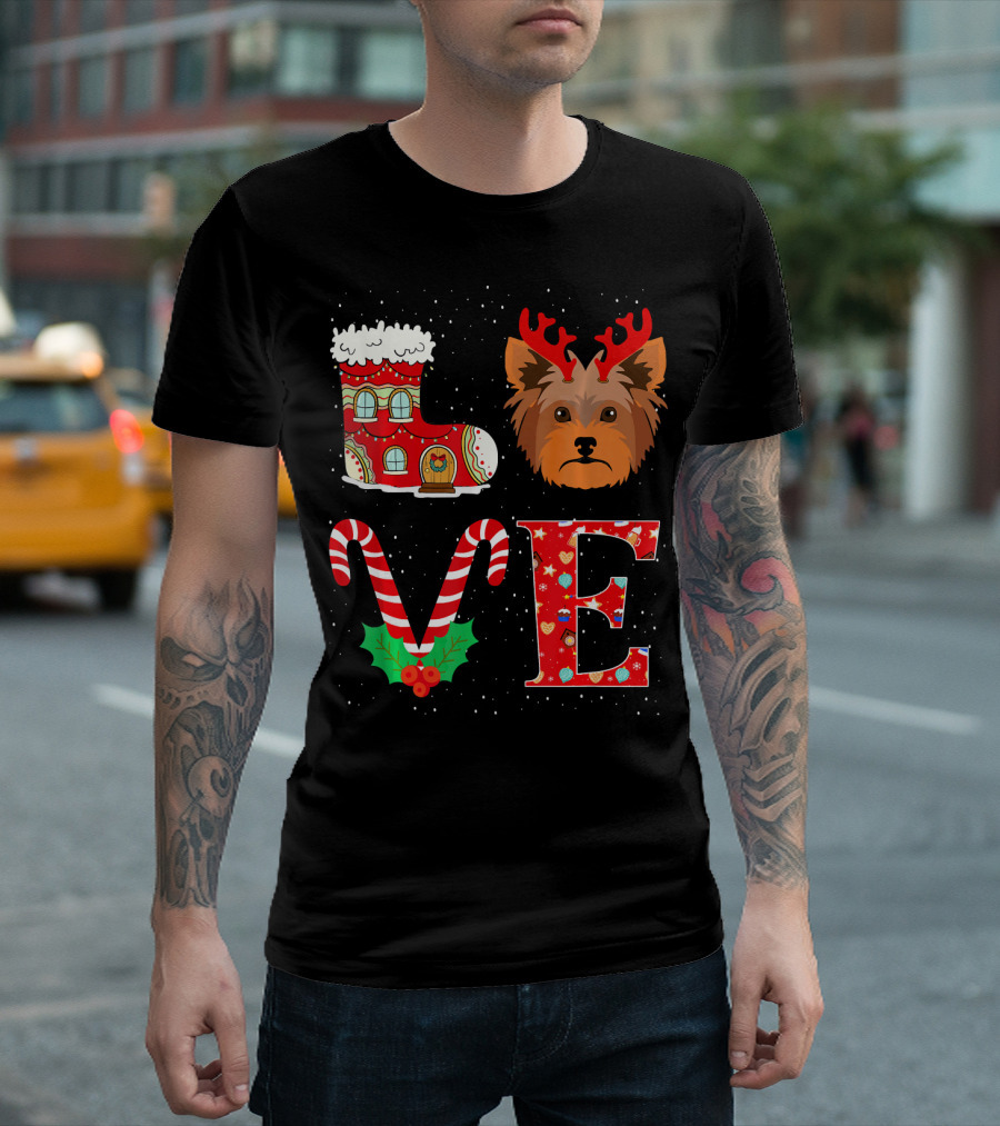 I Love My Yorkshire Terrier Reindeer Holiday Christmas Boot Candy Cane Holly T-Shirt