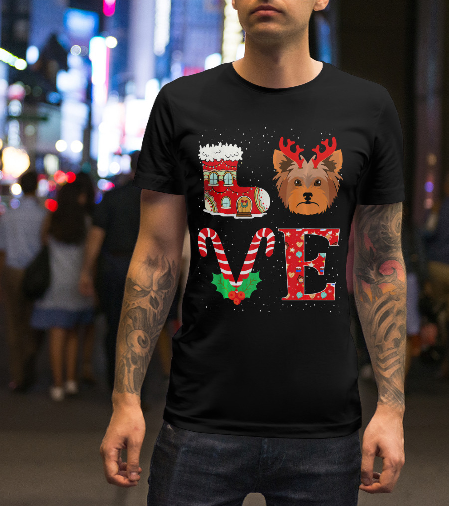 I Love My Yorkshire Terrier Reindeer Holiday Christmas Boot Candy Cane Holly T-Shirt