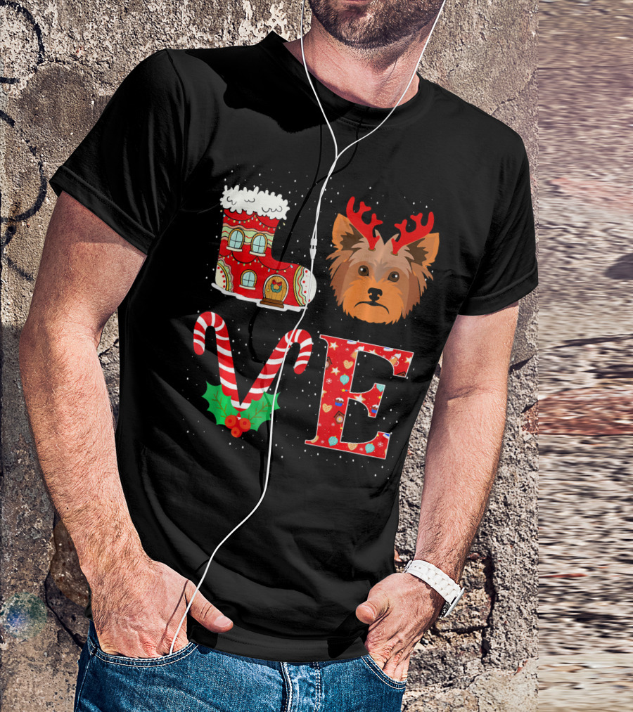 I Love My Yorkshire Terrier Reindeer Holiday Christmas Boot Candy Cane Holly T-Shirt