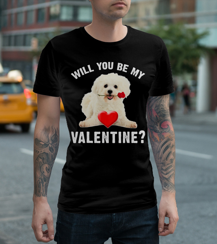 Will You Be My Valentine Bichon with Rose and Heart T-Shirt