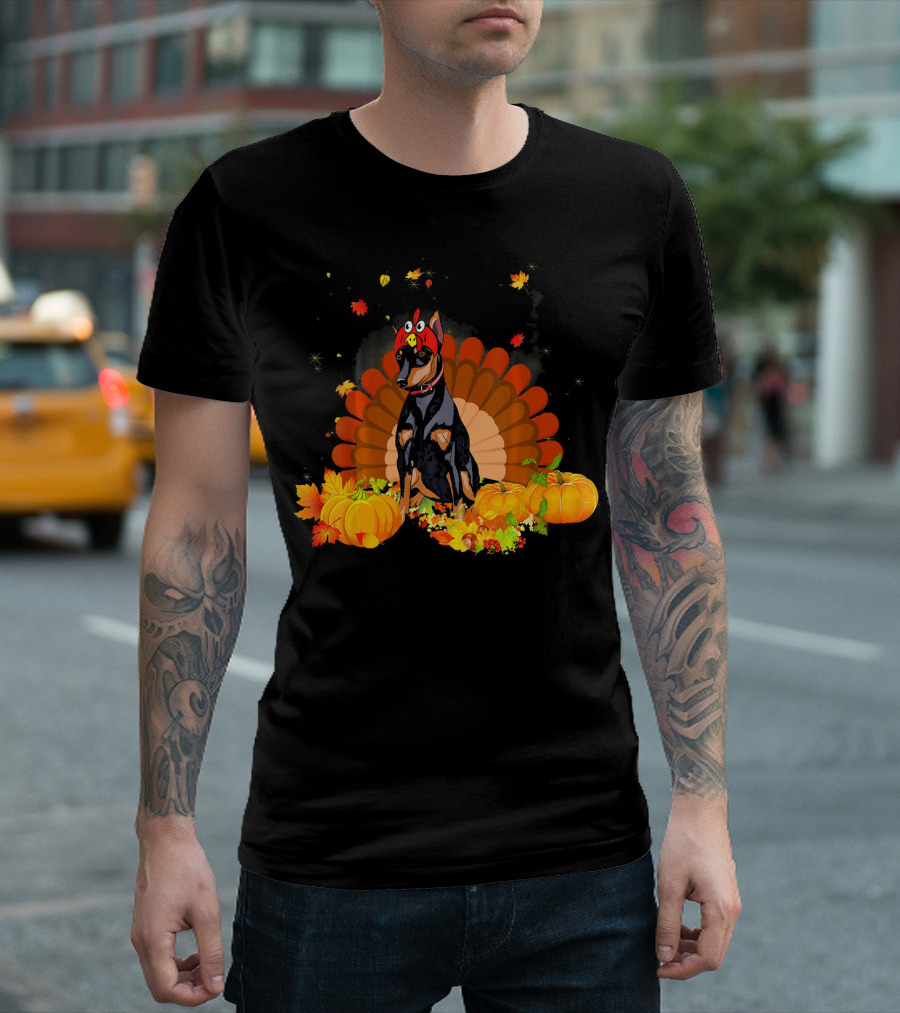 Miniature Pinscher Turkey Funny Dog Thanksgiving Pumpkins Leaves T-Shirt